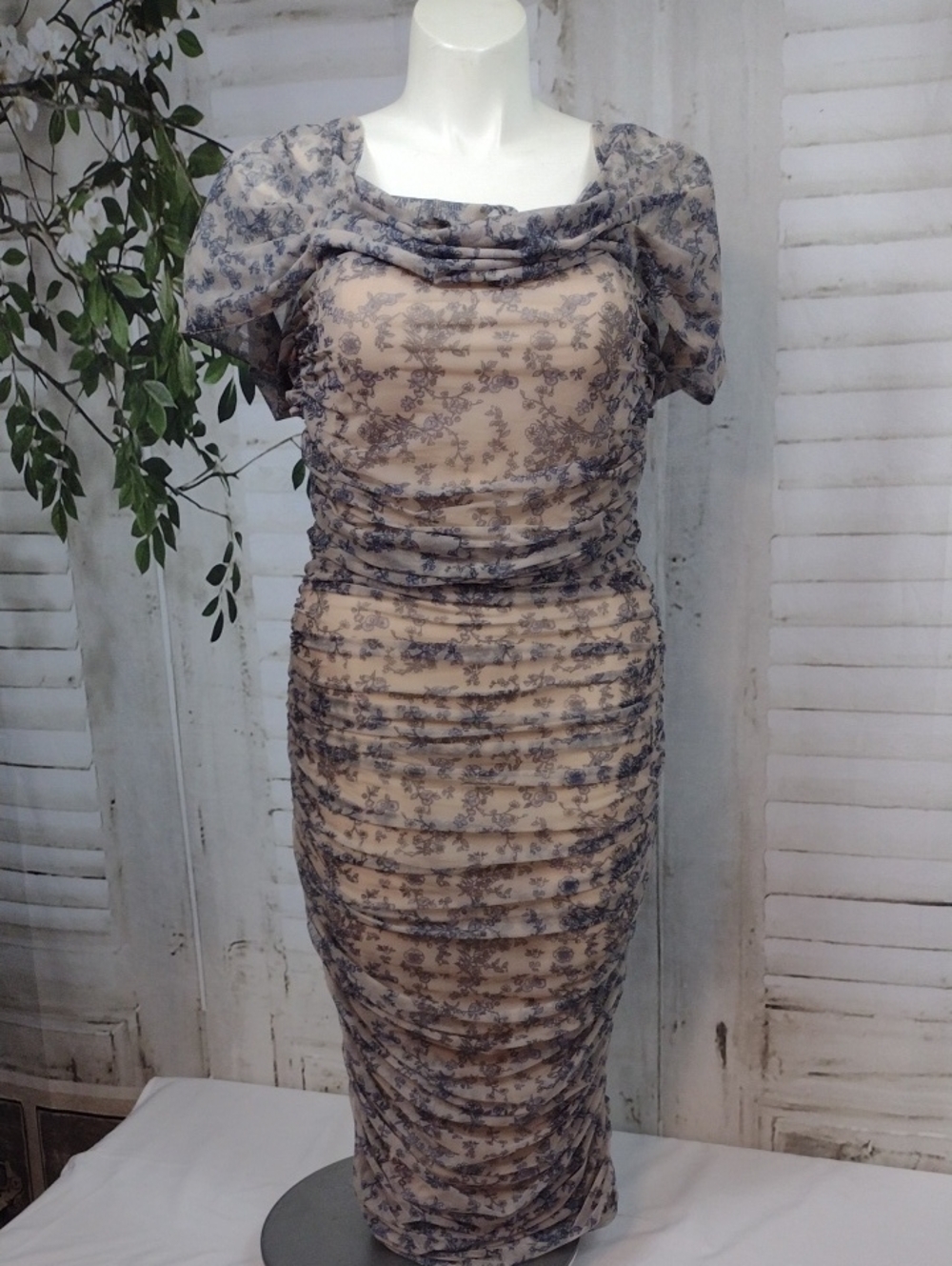 Missguided Beige Midi Dress with Gray Floral Overlay Size 12